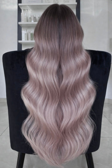 Model with long, contrasting Black & Silver Blonde hair from Deluxe Line tape-ins – Rubin Extensions®