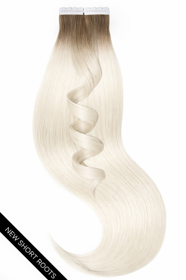 Short root tape-in extensions in Natural Golden Brown & Light Blonde, full view, 41–51 cm – Rubin Extensions®
