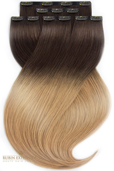 Caramel Mocha Invisible Line clip-in extensions, full view, 30–50 cm, 100% human hair – Rubin Extensions®