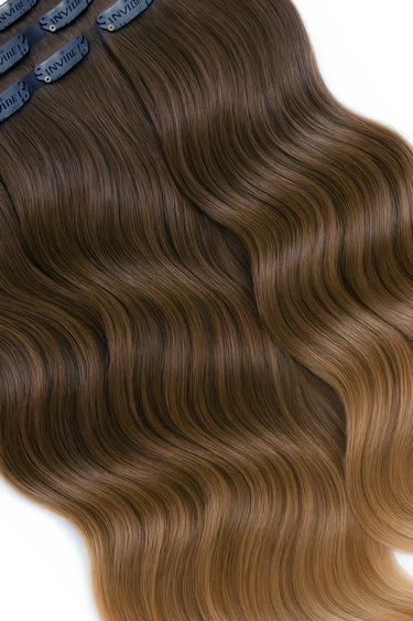 Fashion Line clip-in hair extensions in Chocolate Dark Brown & Light Brown Caramel, 45 cm – Rubin Extensions®