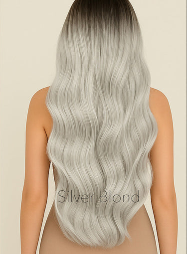 Model with long, glossy Silver Blonde hair from tape-in extensions – Rubin Extensions®