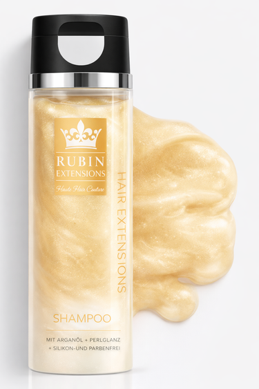 Care shampoo for human hair extensions, 250 ml bottle in a stylish product photo – Rubin Extensions®