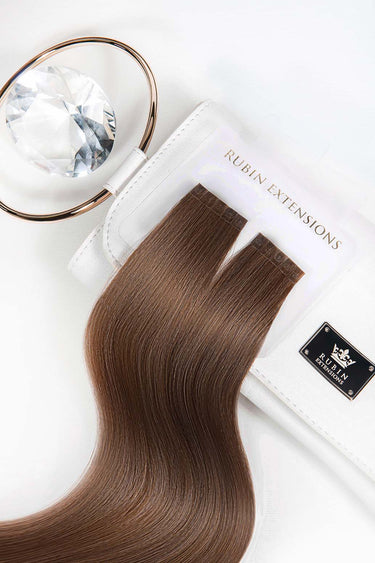 Product packaging for Chestnut Dark Brown keratin bond hair strands, Premium Line – Rubin Extensions®