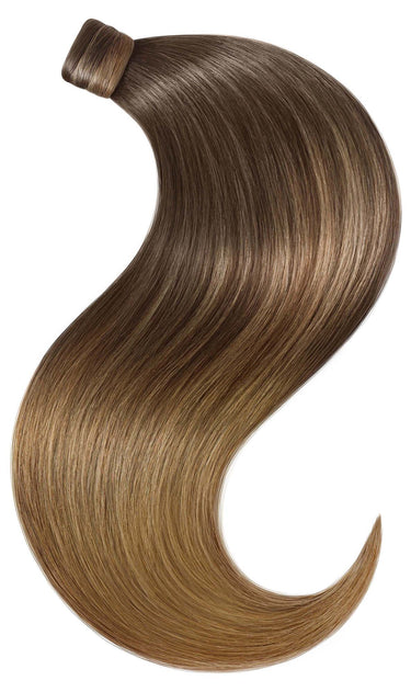 Chocolate Dark Brown & Light Brown Caramel ponytail, 100% human hair, 56 cm, Sombré blend – Rubin Extensions®