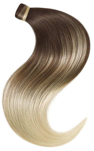 Close-up of the ponytail clip in Chocolate Dark Brown & Platinum Blonde, Remy human hair – Rubin Extensions®
