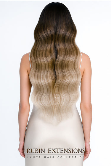 Woman with long, thick Chocolate Dark Brown & Silver Blonde hair from invisible tape-ins – Rubin Extensions®