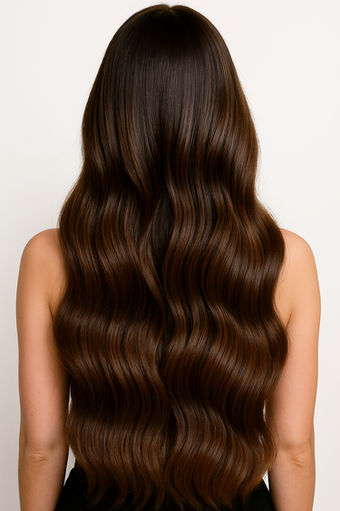 Back view of model with full length from Chestnut Dark Brown tape-in extensions – Rubin Extensions®