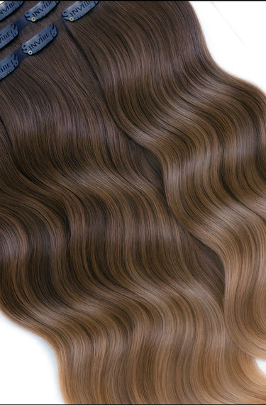 Chocolate Dark Brown & Light Brown Caramel clip-ins, Sombré balayage, Fashion Line, 51 cm – Rubin Extensions®