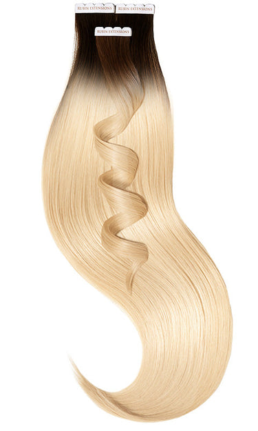 Packaging for Deluxe Line tape-in extensions in Chestnut Dark Brown & Honey Blonde, 100% human hair – Rubin Extensions®