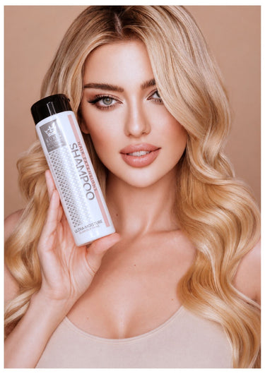 Rubin Extensions Ultra-Moisture Glamour Shine Shampoo for human hair extensions, bottle and box – Rubin Extensions®