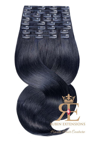 Fanned-out weft set of Black clip-in extensions, Deluxe Line, 100% Remy human hair – Rubin Extensions®