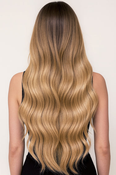 Model showing Chestnut Dark Brown & Honey Blonde tape-in extensions, Deluxe Line – Rubin Extensions®