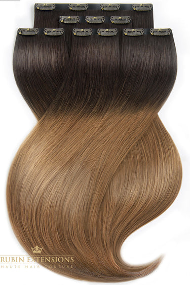 Root close-up of Rich Chocolate clip-in extensions, Remy quality – Rubin Extensions®