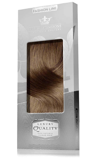 Packaging for Natural Golden Brown clip-in extensions, Fashion Line, with brand logo – Rubin Extensions®