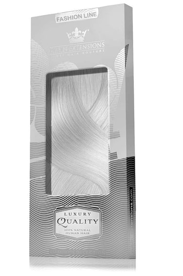 Product packaging for Silver Blonde clip-in extensions, Fashion Line – Rubin Extensions®