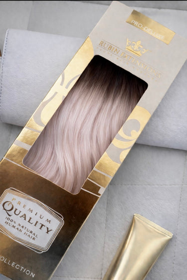Deluxe Line packaging for tape-in extensions in Black & Silver Blonde – Rubin Extensions®