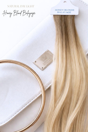 Elegant packaging for Genius Weft extensions in Honey-Blond balayage – Rubin Extensions®