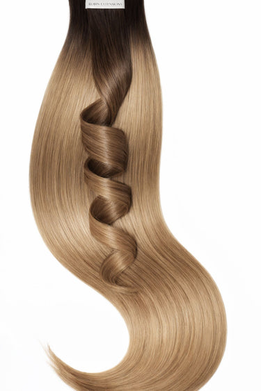 Short root tape-in extensions in Black & Light Brown Caramel, 40–50 cm, 100% human hair – Rubin Extensions®