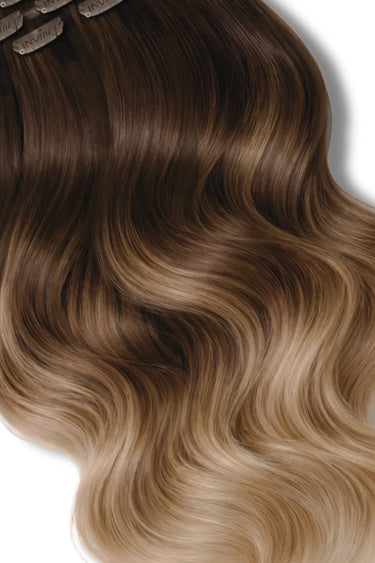 Root detail of Fashion Line clip-ins in Black-Brown & Light Brown Caramel – Rubin Extensions®