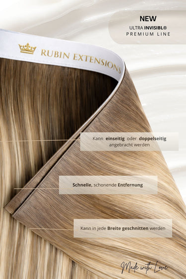 Back view of model with Light Brown Caramel Genius Wefts and length markers – Rubin Extensions®