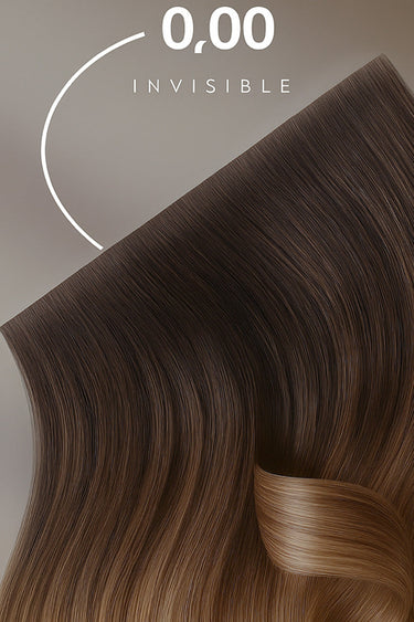 Close-up of the invisible Black-Brown tape-in weft, PRO-DELUXE quality – Rubin Extensions®