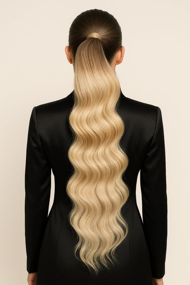 Back view of model wearing Golden Blonde ponytail extensions with natural shine – Rubin Extensions®