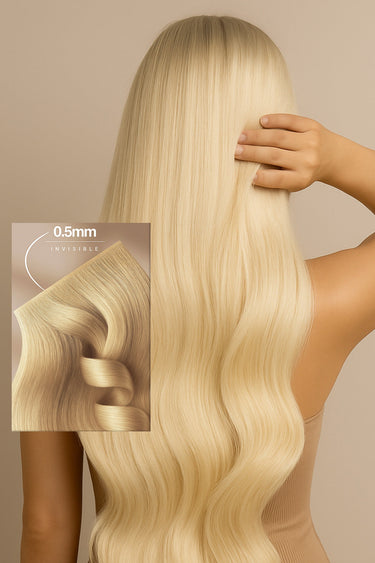 Model with voluminous Hazelnut Brown & Summer Blonde hair from invisible tape-in extensions – Rubin Extensions®