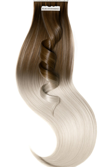 Tape-in extensions with Sombré blend in Chocolate Dark Brown & Silver Blonde, product view – Rubin Extensions®