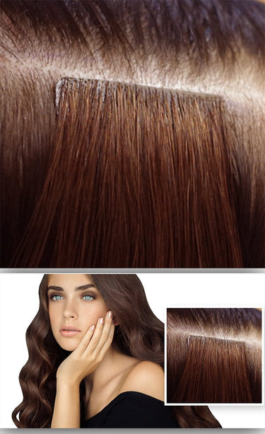 Model in an everyday look with Chestnut Dark Brown tape-in extensions – Rubin Extensions®