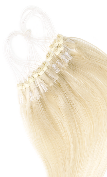 Macro shot of the invisible root on Light Blonde microrings, Remy human hair – Rubin Extensions®