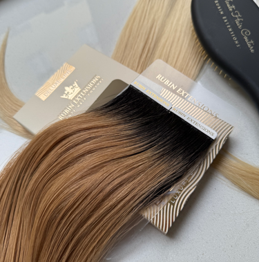 Color overview: Chocolate Dark Brown & Silver Blonde Sombré tape-in human hair extensions – Rubin Extensions®