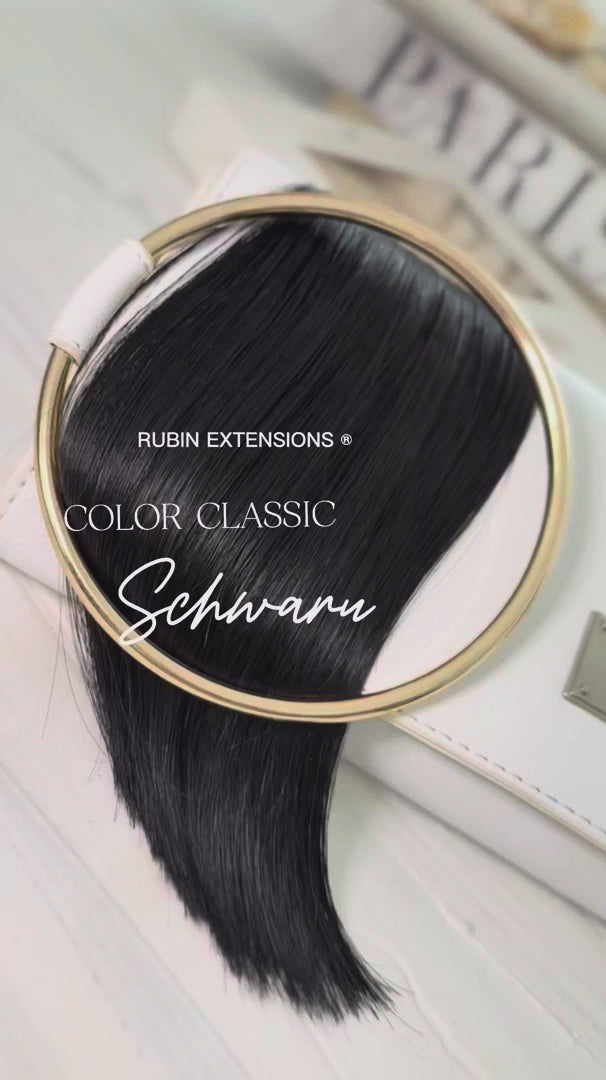 Black color swatch on ring, bulk cut hair – Rubin Extensions