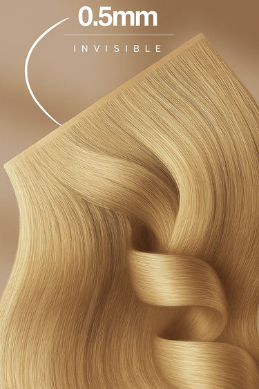 Close-up of glossy Platinum Blonde human hair, invisible tape-in technique – Rubin Extensions®